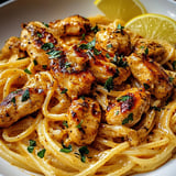 Chicken pasta in a bowl with bright lemon on top.