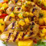 A plate of grilled chicken with pineapple and peppers.