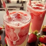 Two glasses of strawberry milk.