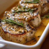 A plate of meat with herbs on it.