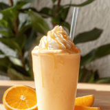 A glass of orange juice with a slice of orange on the side.