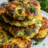A stack of three broccoli cakes on a plate.