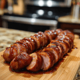 A wooden cutting board with two sausages on it.