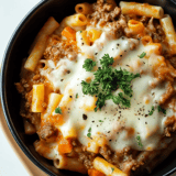 A bowl of pasta with meat and cheese.