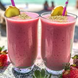 Two glasses with pink strawberry drink inside.