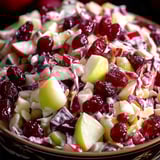 Fruit slaw in a bowl with cranberries and apples visible.