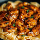 A plate of chicken and noodles.