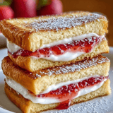 A stack of three sandwiches with white icing and red jam.