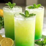 Three glasses of green and yellow drinks.