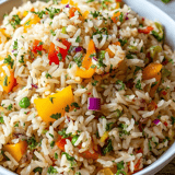 A bowl of rice with vegetables and herbs.