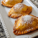 Three pastries with powdered sugar on a plate.