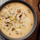 A bowl of soup with meat and vegetables.