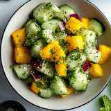 A bowl of fruit with cucumbers and peppers.