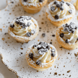 A plate of cupcakes with chocolate chips on top.