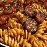 A plate of pasta with meatballs and sauce.