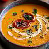 A bowl of soup with tomatoes and herbs.
