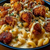 A bowl of macaroni and cheese with chicken.