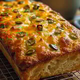 A loaf of bread with green peppers on top.
