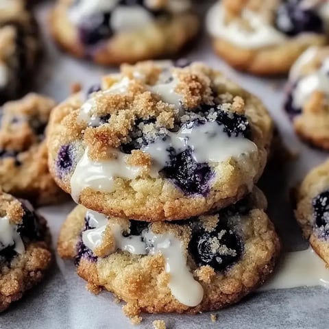 A close-up of freshly baked blueberry cookies drizzled with icing and topped with crumbly streusel.