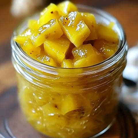 A jar of golden, diced fruit preserves sits on a wooden surface, highlighting the glossy texture of the fruit.