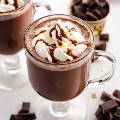 A close-up of a glass of hot chocolate topped with whipped cream and chocolate drizzle, with pieces of dark chocolate in the background.