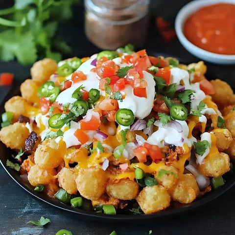 A close-up image of a dish featuring tater tots topped with melted cheese, sour cream, diced tomatoes, green onions, jalapeños, and cilantro, served with a side of salsa.