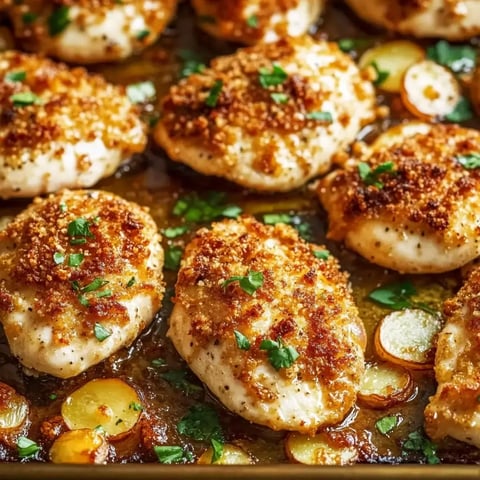 Baked chicken breasts topped with a crispy breadcrumb coating and garnished with fresh herbs, surrounded by sliced vegetables in a roasting pan.