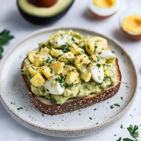 A slice of toasted bread topped with mashed avocado, diced hard-boiled eggs, and sprinkled with herbs, presented on a white plate.