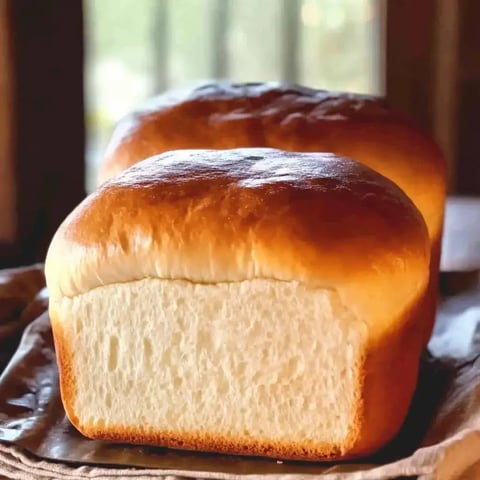 Two freshly baked loaves of bread with golden-brown tops and soft, white interiors are displayed on a wooden surface.