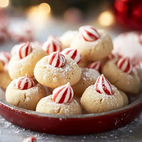 A plate of holiday cookies topped with red and white striped candy, dusted with powdered sugar.