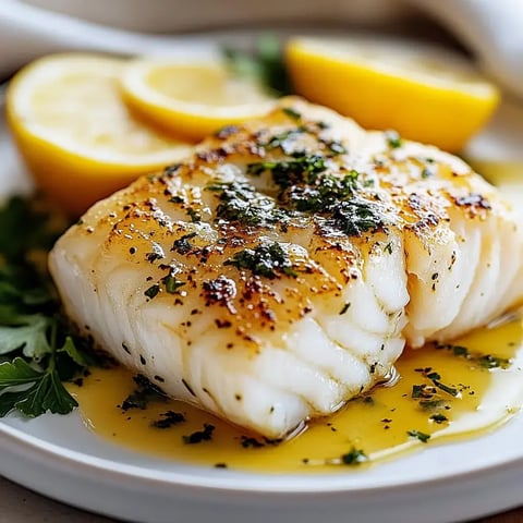 A perfectly cooked fish fillet garnished with herbs and served with lemon wedges on a plate.