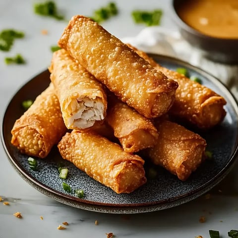 A plate of golden-brown spring rolls is stacked neatly, with one partially opened to reveal its filling, alongside a small bowl of dipping sauce.