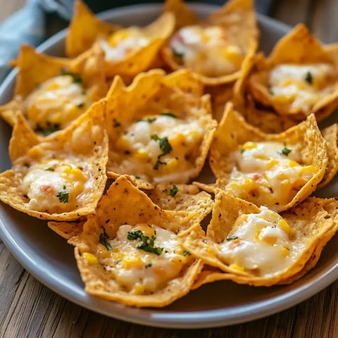 A plate of corn tortilla chips filled with melted cheese and garnished with herbs.