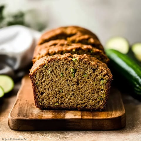 A sliced loaf of zucchini bread is displayed on a wooden cutting board, accompanied by fresh zucchini in the background.