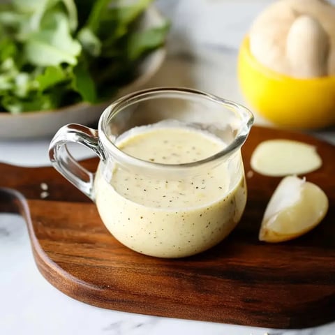 A glass pitcher filled with creamy dressing sits on a wooden cutting board, alongside a slice of lemon and a small dish of mustard, with fresh greens in the background.