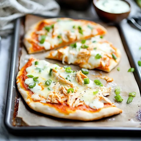 A close-up of a pizza topped with shredded chicken, cheese, and chopped green onions on a baking tray.