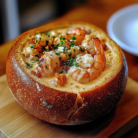 A seafood dish featuring shrimp and herbs served in a round bread bowl.