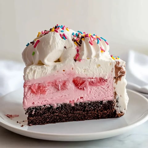 A slice of layered cake featuring a chocolate crust, pink strawberry ice cream, and topped with whipped cream and colorful sprinkles.