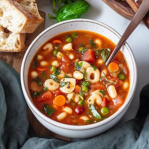 A bowl of vegetable soup with pasta, peas, carrots, and fresh herbs, accompanied by slices of bread.