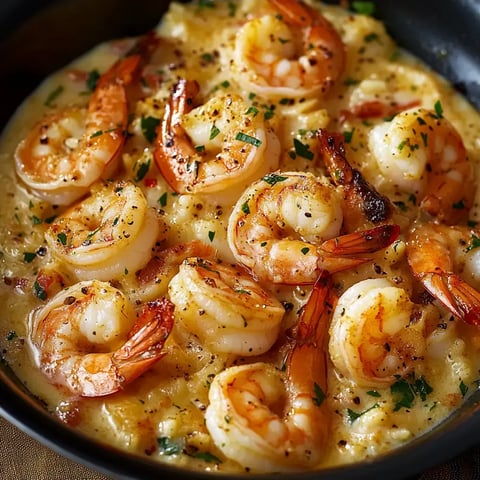 A close-up image of sautéed shrimp garnished with herbs in a creamy sauce.