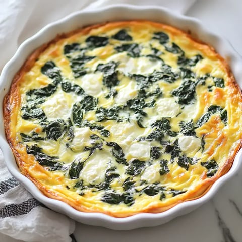 A baked spinach and cheese frittata in a white pie dish, showcasing a golden crust and green spinach leaves interspersed with dollops of cheese.