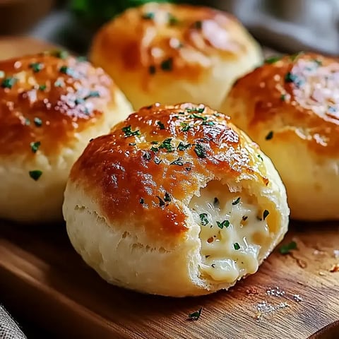 Golden-brown baked rolls with a cheesy filling and sprinkled with parsley on a wooden surface.