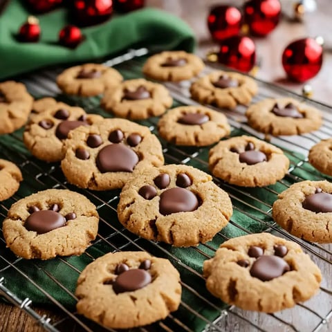 A tray of freshly baked cookies shaped like paw prints, decorated with chocolate, rests on a green cloth with festive red ornaments in the background.