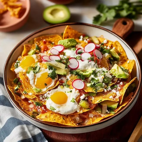 A bowl of nachos topped with sunny-side-up eggs, avocado, radishes, cilantro, salsa, and sour cream.