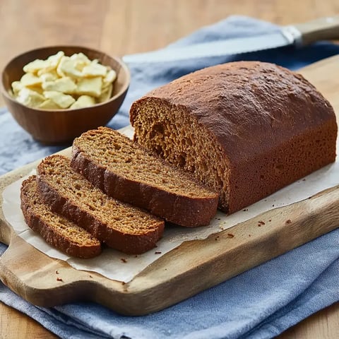 A loaf of sliced brown bread on a wooden cutting board, with a small bowl of chips in the background.