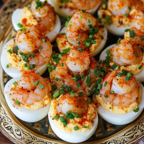 A close-up of deviled eggs topped with shrimp, sprinkled with paprika and chopped chives, arranged on an ornate platter.