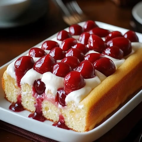 A delicious slice of cake topped with whipped cream and glossy red cherries on a rectangular dish.