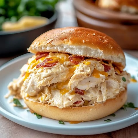 A close-up of a delicious chicken sandwich filled with shredded chicken, bacon, and melted cheese, served on a toasted bun.