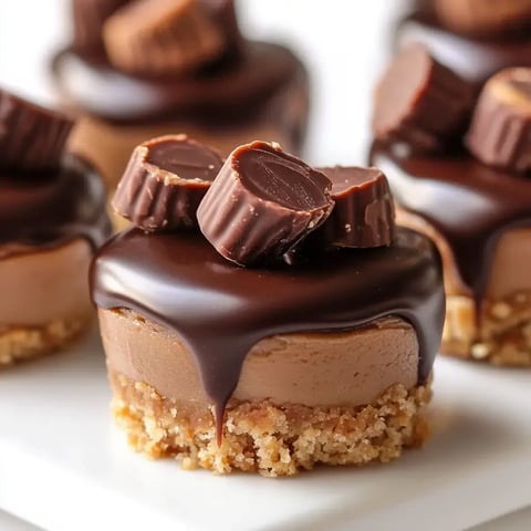 A close-up of mini chocolate cheesecakes topped with chopped chocolate candies and a glossy chocolate glaze on a white plate.