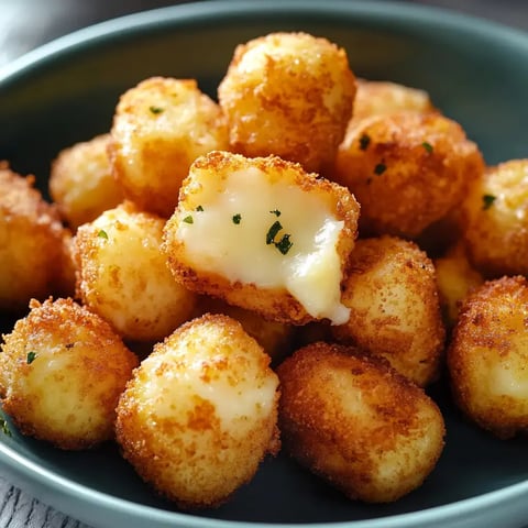 A close-up bowl filled with golden-brown, crispy cheese-stuffed croquettes.